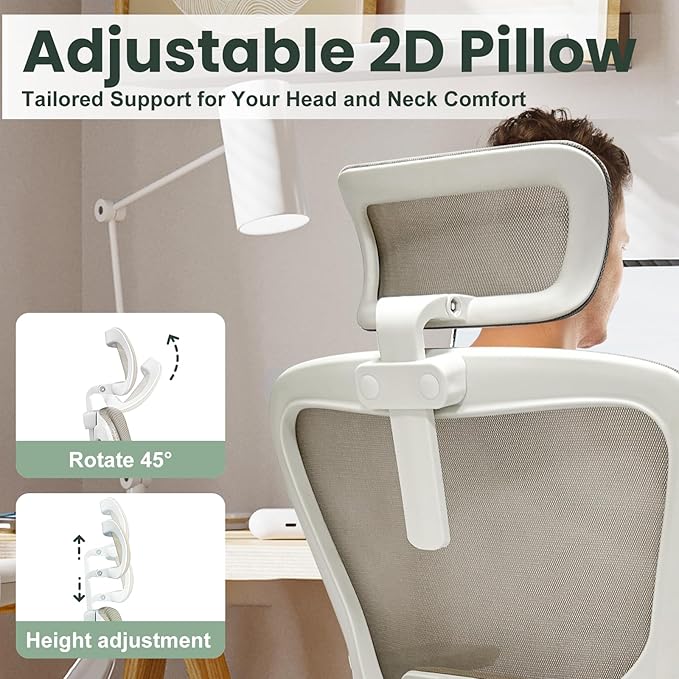 Ergonomic Office Chair - 350LB Mesh Office Chair with Adjustable Lumbar, High Back Computer Chair with 3D Armrests, Comfy Chair with 2D Headrest & Tilt Function for Study, Work, Gaming