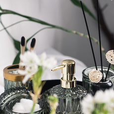 EMPO 6PCS Bathroom Clear Glass Accessories Set (Lotion Soap Dispenser, Soap Dish, Toothbrush Holder, Tumbler, Cotton Swab Jar), Contemporary Modern Decor Crystal Vintage Gift (6pcs Green)