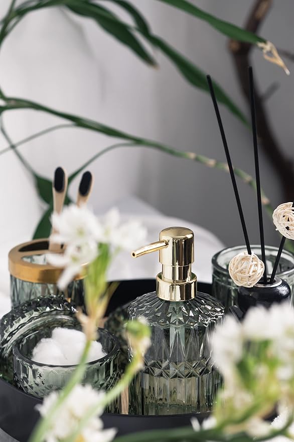 EMPO 6PCS Bathroom Clear Glass Accessories Set (Lotion Soap Dispenser, Soap Dish, Toothbrush Holder, Tumbler, Cotton Swab Jar), Contemporary Modern Decor Crystal Vintage Gift (6pcs Green)