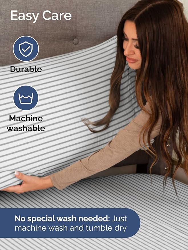 Extra Deep Pocket King Sheets - 4 Piece Breathable & Cooling Bed Sheets - Hotel Luxury Bed Sheet Set - Soft, Wrinkle Free & Comfy - Easily Fits Extra Deep Mattresses - Deep Pocket Grey Striped Sheets
