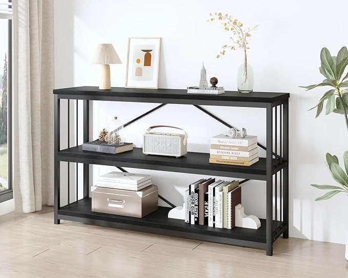 IBF Low Horizontal Book Shelf, Industrial Modern 3 Tier Bookshelf, Farmhouse Short Open Storage Organizer Long Shelf, Simple Wide Wood Metal Sturdy Etagere for Bedroom Living Room, Black Oak, 47 in