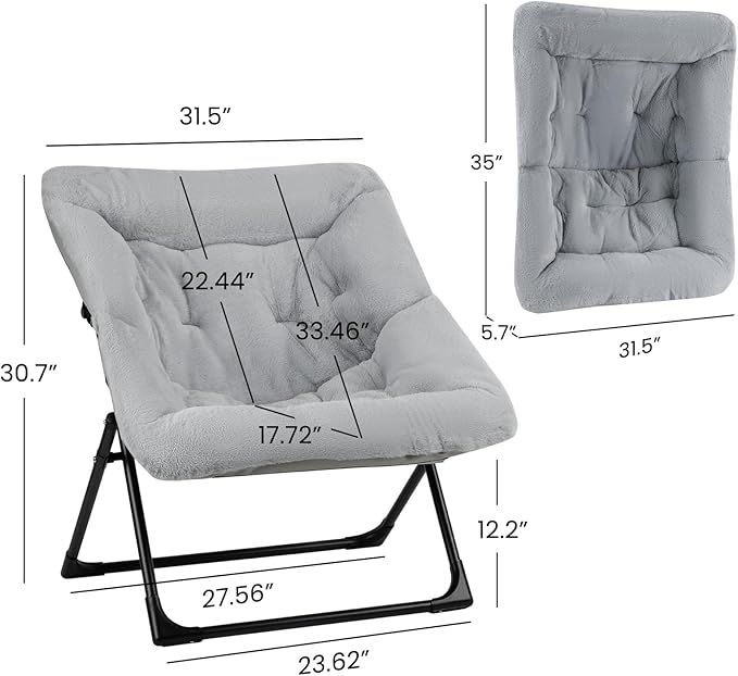 Comfy Saucer Chair for Adults, Set of 2, Soft Faux Fur Bedroom Chair, Accent Dorm Chairs, Flexible Living Room Reading Chairs, Oversized Folding Lounge Seat for Teens, X-Large, Grey
