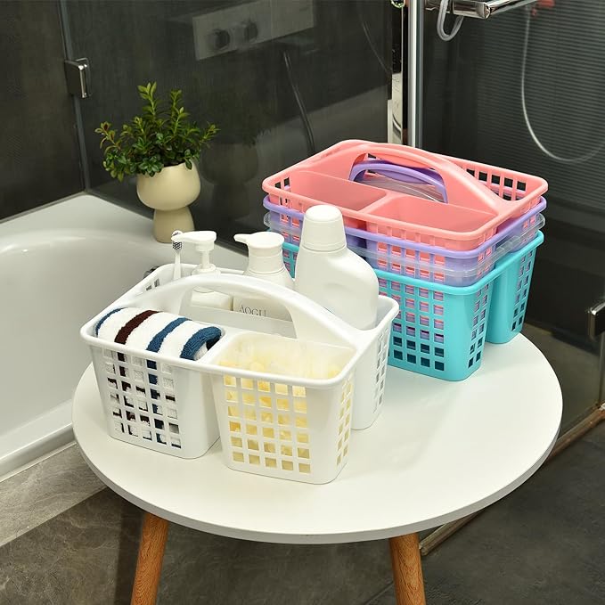 Haundry Plastic Shower Caddy Basket with 3 Compartments, Portable Divided Cleaning Supply Storage Organizer with Handle (Pink)