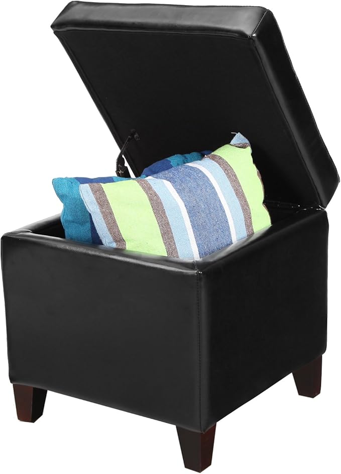 Black PU Leather Square Storage Ottoman Lift Top Footstool with Wood Legs, 18"x18"x18"