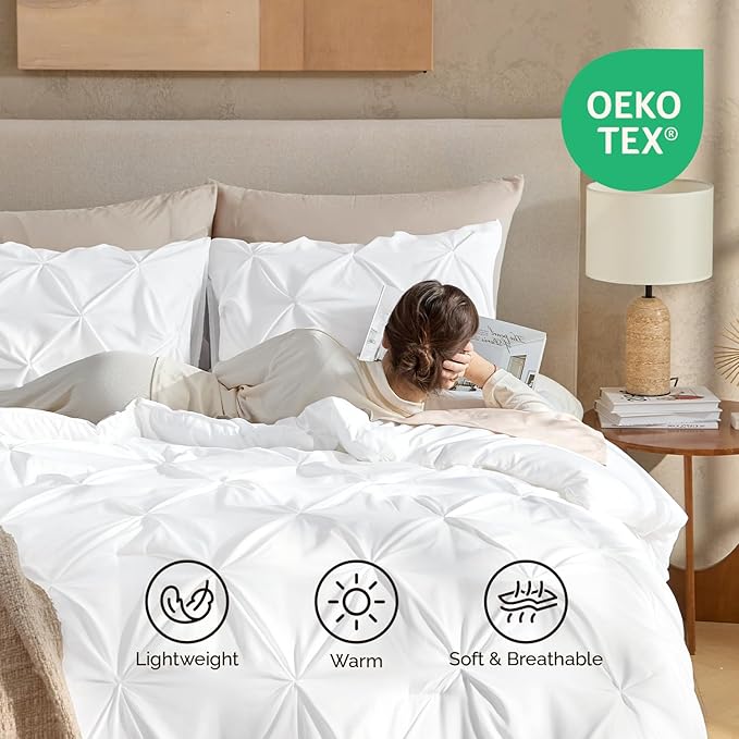 Andency White Queen Comforter Set(90x90Inch), 3 Pieces Cute Pinch Pleat Bedding Comforters & Sets for Queen Bed, Soft Lightweight Fluffy Down Alternative All Season Bed Set