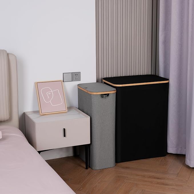 efluky Slim Laundry Hamper with Lid, Narrow Laundry Hamper with Removable Bag, Collapsible Dirty Clothes Basket with Handles for Bathroom, Bedroom & Laundry Room, 75L Grey