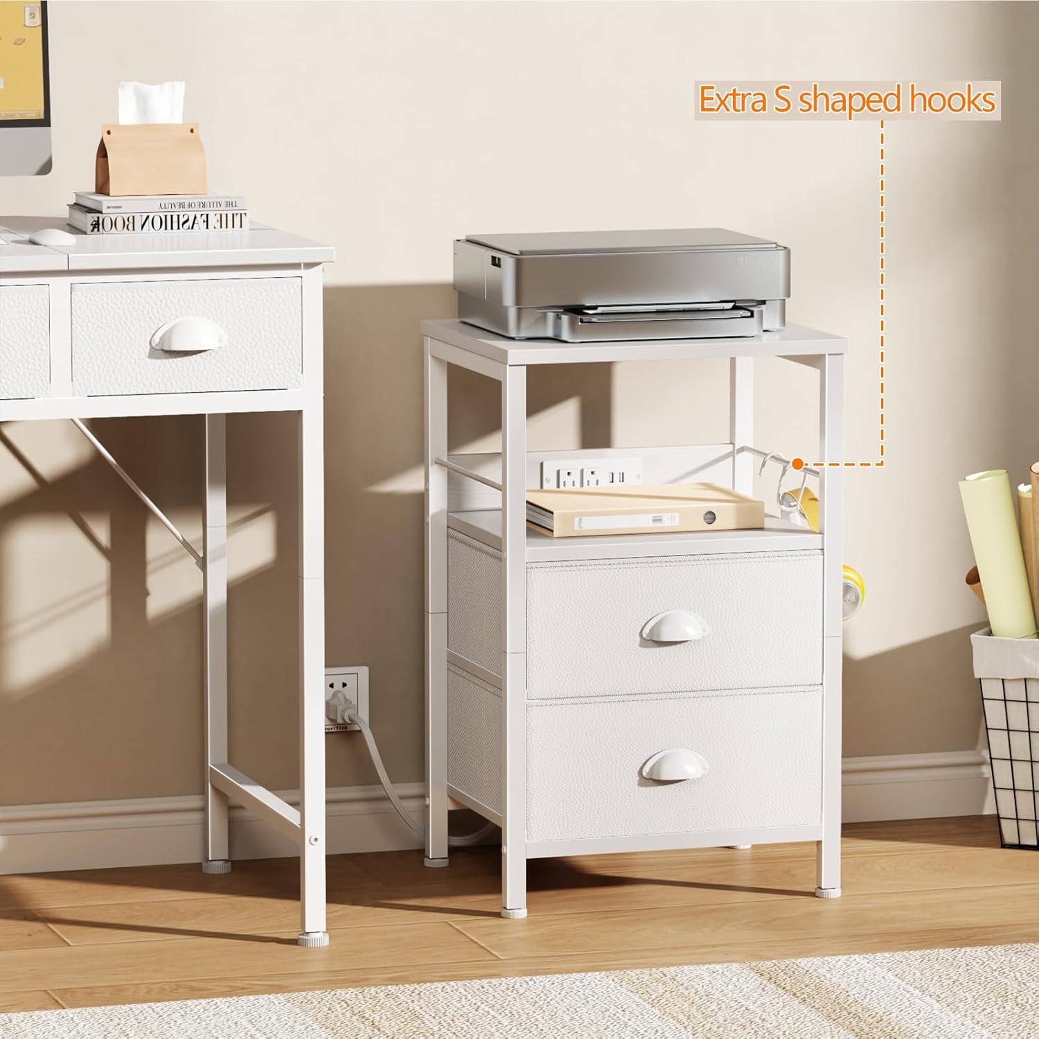 Furologee End Table with Charging Station, Nightstand with Fabric Drawers, Side Tables with USB Ports & Outlets, Night Stand with Storage Shelf & Hooks, for Living Room/Bedroom, White Dormly