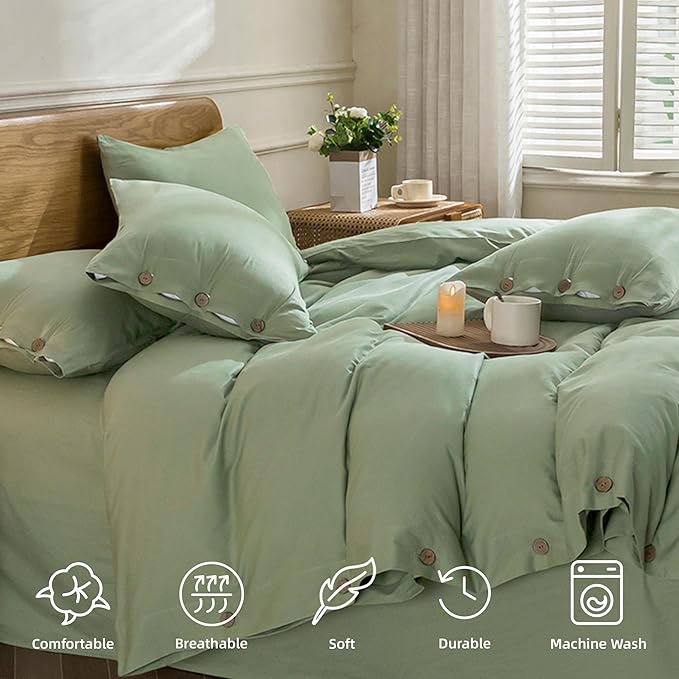 JELLYMONI Cotton Duvet Cover Full Size - Light Green Comforter Cover with Button 100% Washed Cotton 3PCS Breathable Soft Solid Bedding Set Duvet Cover 80×90in & 2 Pillowcases (NO Comforter)