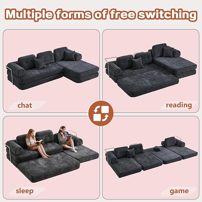 104" Oversized Convertible Sleeper Sofa Bed, Chenille L Shape Sectional Couch, Folding Sofa Bed with Fixed-Shape Frame, Modern Cloud Floor Mattress Couch, Modular Sofa for Living Room, Dark Grey