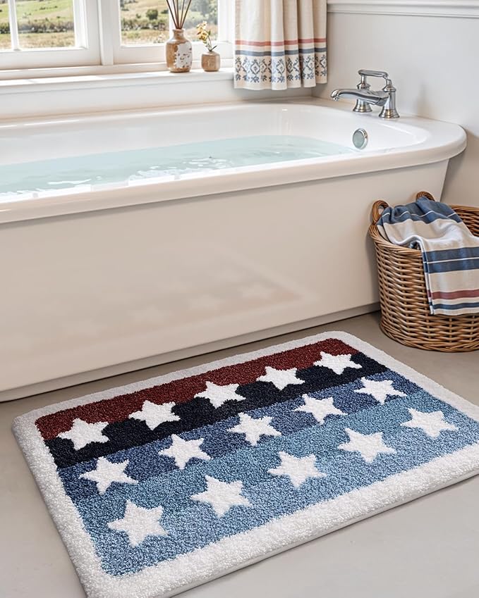 DEXI Rustic Star Bathroom Rug, 20x32 Non Slip Washable Bath Mat Absorbent, Ultra Soft Plush Microfiber Bathmat Quick Dry for Shower Floor, Tub, Sink, Colorful Stripes