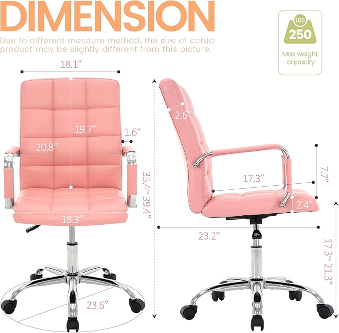 High Back Desk Chair, Modern PU Leather Home Office Task Chair with Arms, Adjustable Swivel Computer Executive Chair with Wheels (Pink)