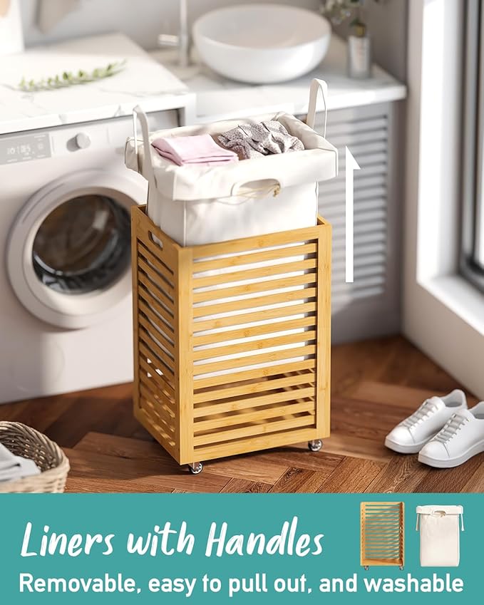 Laundry Hamper, 22.7 Gallon (86L) Bamboo Wood Clothes Laundry Basket with Wheels and Handles, Removable Liner