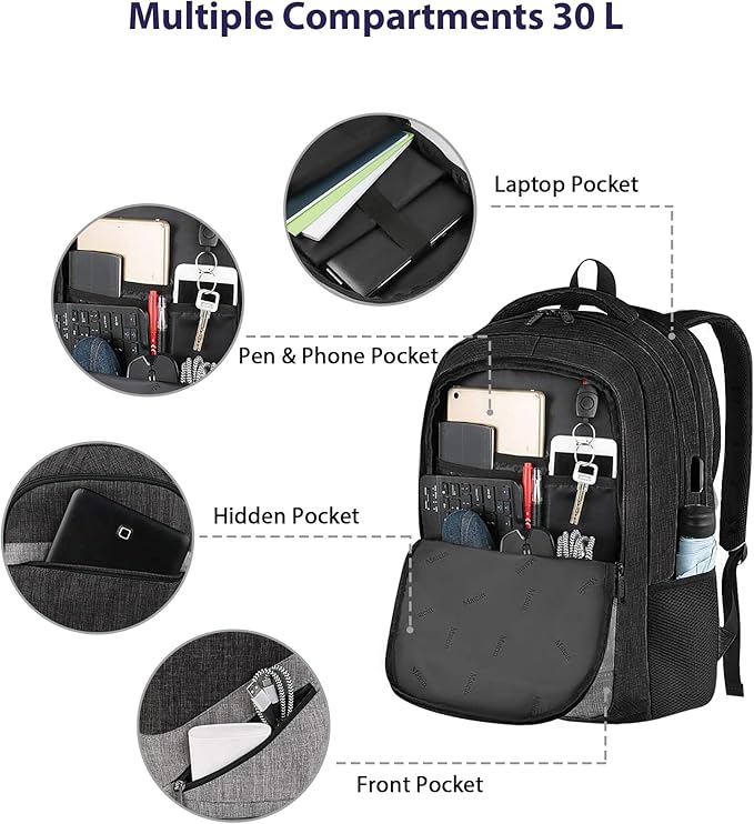 MATEIN 17 Inch Backpack for Men, Professional Work Office Laptop Backpack with USB Charging Port & Trolley Sleeve, Water Resistant Large College Daypack Travel Carry On, Black Grey