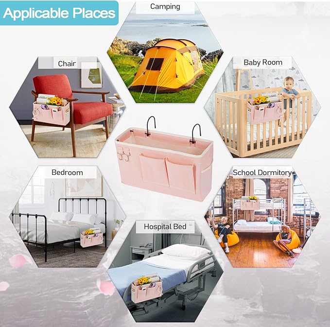 Loghot Bedside Caddy/Bedside Storage Bag Hanging Organizer for Bunk and Hospital Beds,Dorm Rooms Bed Rails,Can be Placed Glasses,Books,Mobile Phones,Keys (2pc Pink)