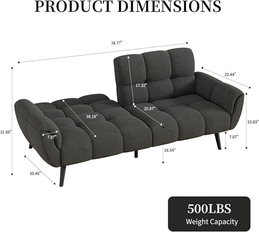 Futon Sofa Bed, Convertible 77" Modern Linen Futon Couch, Comfy Sleeper Sofa with Adjustable Backrests, Couch Bed for Small Spaces, Living Room, Bedroom, Apartment, Dark Gray