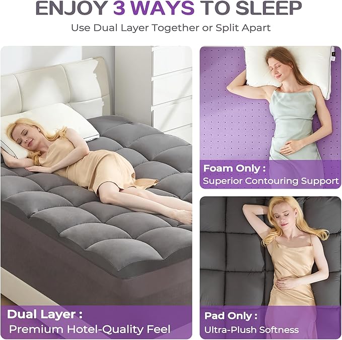 SINWEEK Dual Layer 5 Inch Memory Foam Mattress Topper Queen Size, 3 Inch Gel Memory Foam Plus 2 Inch 1450 GSM Down Alternative Quilted Pillow Top Mattress Pad Cover, Dark Gray