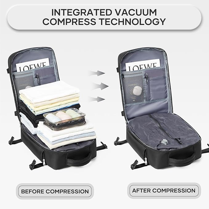 Vacuum Backpack Travel with Electric Vacpack Pump, Vacuum Compression Bags Travel Backpack for Women Men, Flight Approved Waterproof Carry on Backpacks Laptop Work Weekender Daypack, Medium,Black