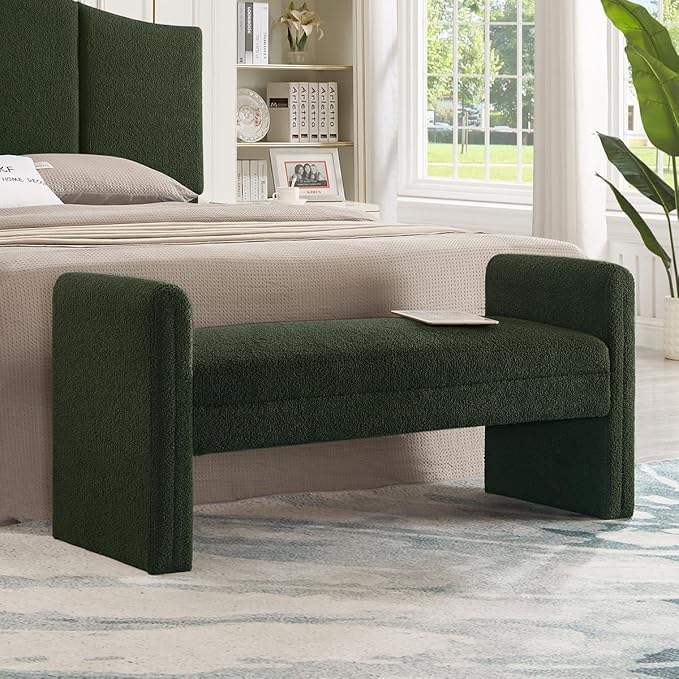 24KF Modern Upholstered Bed Bench Covered with Soft Boucle Teddy Fabric, Lovely Entryway Bench Ottoman with Armrest,5062-Dark Green