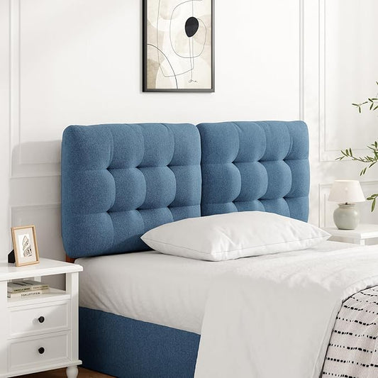 Tufted Upholstered Full Headboard, Adjustable Height Full Size Headboard Only from 39”to 44” with Durable Solid Wood Legs, Modern Button Diamond Fabric Head Board with Width Adapters, Blue