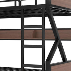 Queen over Queen Bunk Bed with Storage Shelves, Metal Bunk Beds with Ladders and LED Lights, Heavy-duty Bunkbed for Bedrooms, Guest Rooms and Dorms, No Box Spring Needed and Noise-free Design, Black