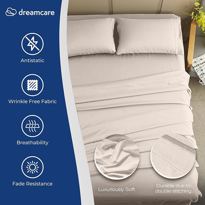 DREAMCARE Full Size Sheets Set - 4 Pcs Cooling Bed Sheets with Up to 15" Deep Pockets - Soft, Long-Lasting 100% Brushed Polyester with Side Pocket (Beige) DREAMCARE