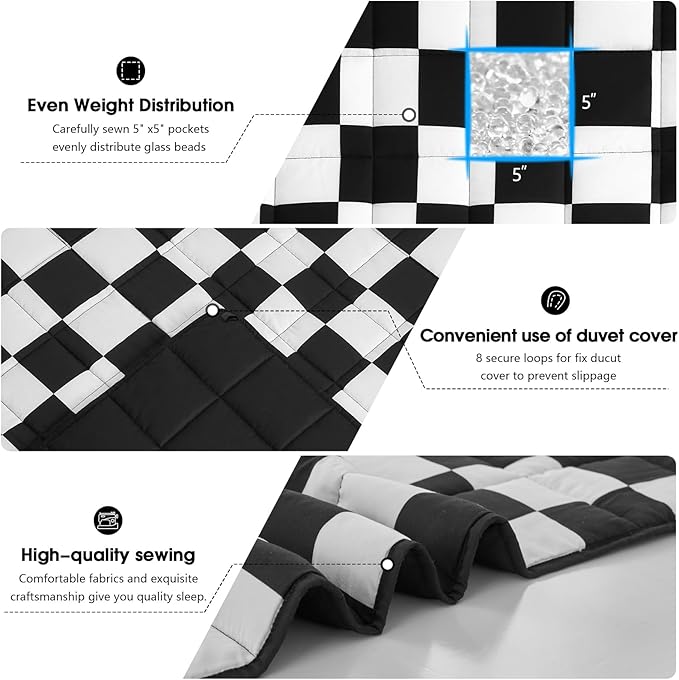 Black Checkered Weighted Blanket for Adults 20lbs, 60"x80" Queen Size, Cooling Heavy Blanket for 130-220lbs with Premium Glass Beads, Soft Thick Big Blankets for All-Season Sleeping Comfort Breathable
