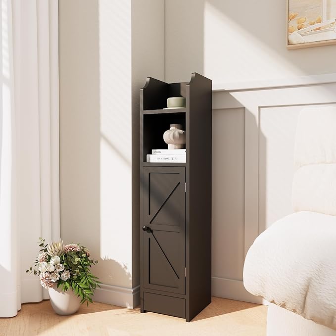 Small Bathroom Storage Cabinet, Toilet Paper Storage,Corner Floor Cabinet with Doors and Adjustable Shelf,Bathroom Organizer for Small Spaces Black