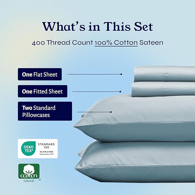 California Design Den Full Size Bed Sheets Set - Soft 400 Thread Count Sateen, Natural 100% Cotton Sheets with Deep Pockets, Breathable, and Durable Bedding Set - Sky Blue CaliforniaDesignDen