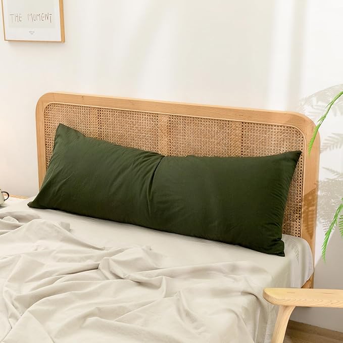 BESTOUCH 100% Washed Cotton Pillowcase for Hair and Skin Linen Feel Soft Comfortable Breathable 1 Pcs Pillow Case with Envelope Closure Solid Olive Green Body 20x54 Inches