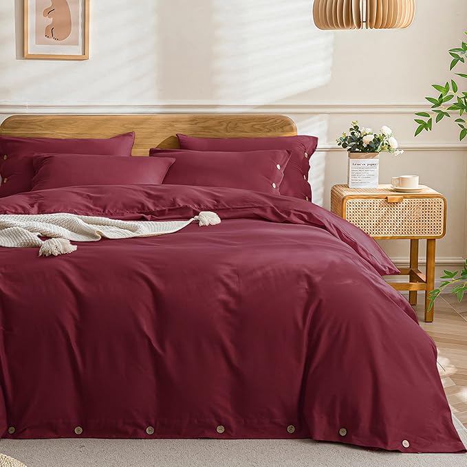 JELLYMONI Cotton Duvet Cover Twin Size - Burgundy Comforter Cover with Button 100% Washed Cotton 2PCS Breathable Soft Solid Bedding Set Duvet Cover 68×90in & 1 Pillowcase (NO Comforter)