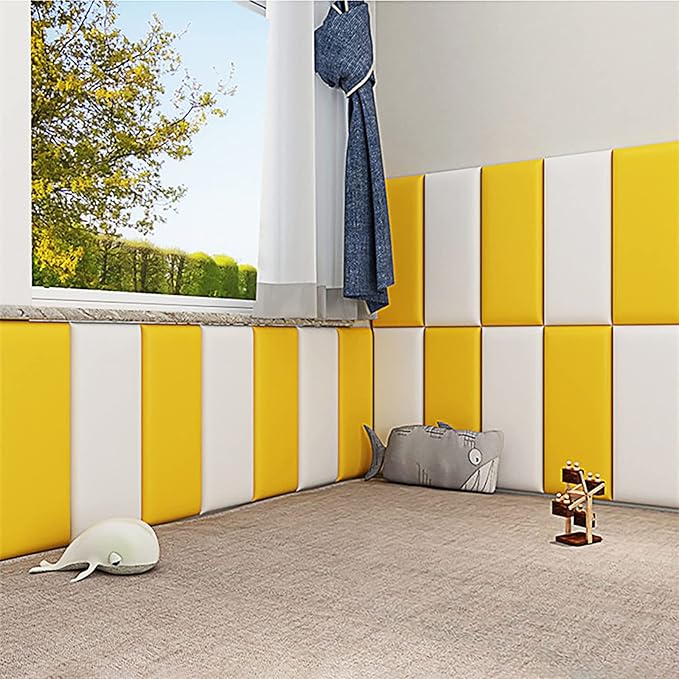 3D Anti-Collision Wall Padding, Peel & Stick Upholstered Panels, Queen Headboard, Playroom Decorative Protection, Pack of 2 Panels - 23.6' X 11.8' (Yellow)