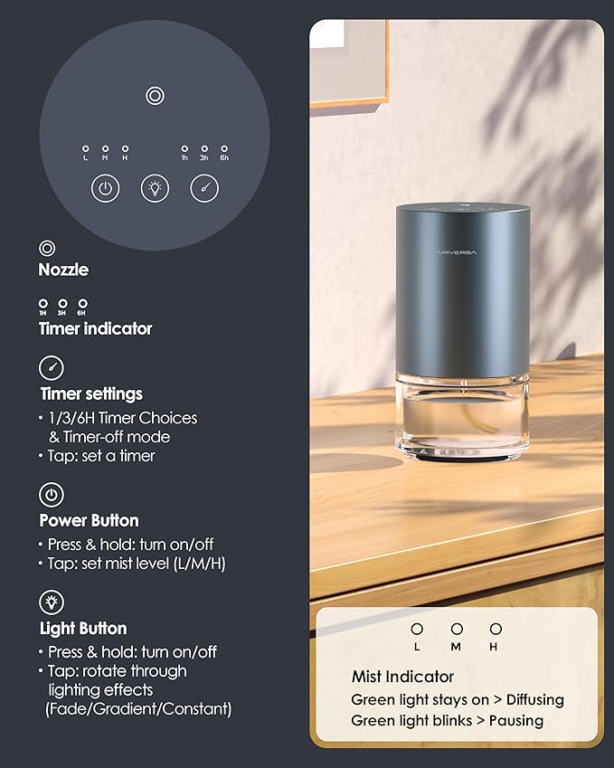 Airversa Essential Oil Diffuser Waterless Aromatherapy Diffusers for Home Large Room, Bedroom, Car, Office, Desk, Battery Operated, Small Diffuser for Pure Scent, 100mL Capacity, AN9 (Gray)