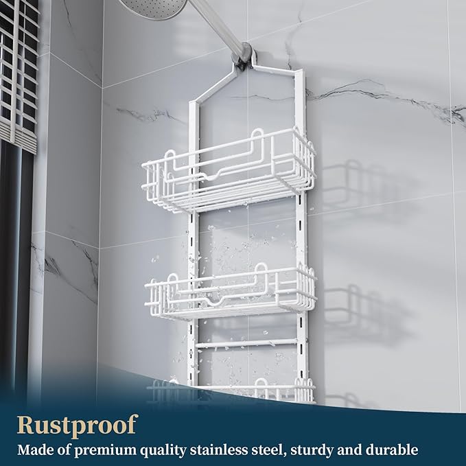 Consumest Shower Caddy Hanging – Rustproof Over Shower Head Hanger with Soap Holder and Hooks, Anti-Slip Shower Shelves for Storage, Bathroom Organizer for Apartment, Dorm, White