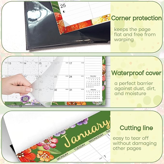 Desk Calendar 2026, Anti-Ink Bleed, Plastic Cover, Ample Space, Through July 2027 with Stickers, 17" x 12" Large Seasonal Wall Calendar 2026 for Home, Office, Student & Teacher Supplies- Flower