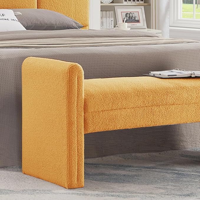 24KF Modern Upholstered Bed Bench Covered with Soft Boucle Teddy Fabric, Lovely Entryway Bench Ottoman with Armrest,5062-Yellow
