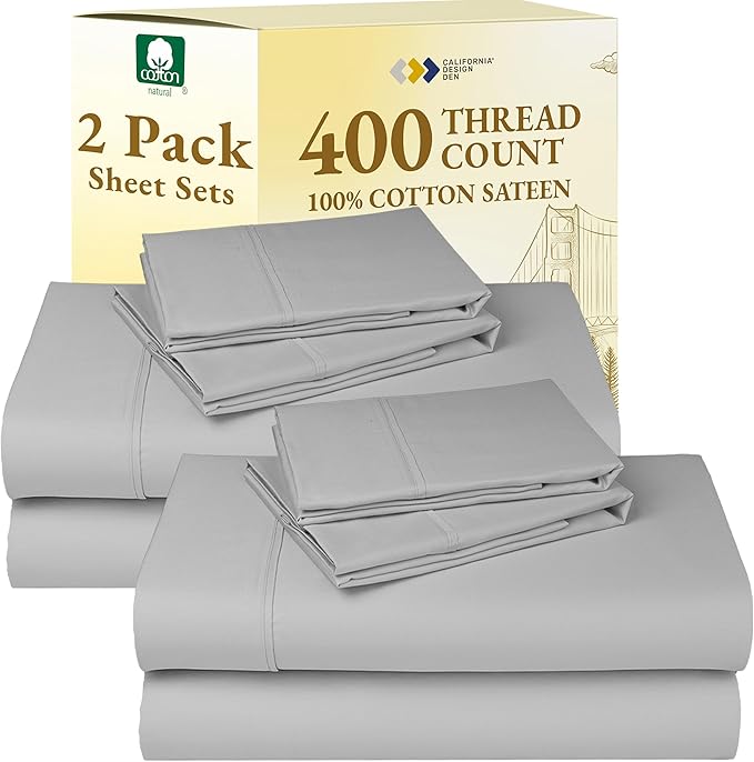 California Design Den 2-Pack Queen Bed Sheets Set - 400 Thread Count 100% Cotton Sateen - Soft and Breathable Sheets, 2 Sets of Deep Pocket Bed Sheets - Light Grey