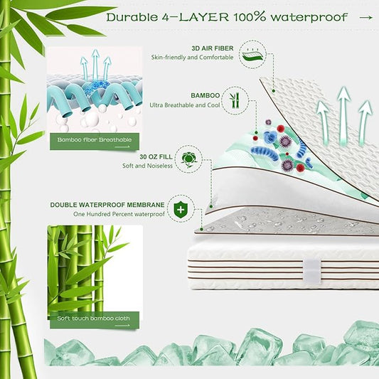 GRT Twin Size Waterproof Mattress Protector Rayon Bamboo - 3D Air Fiber Cooling Mattress Protector Cover, Breathable Mattress Pad Noiseless 8''-21'' Deep Pocket Machine Washable