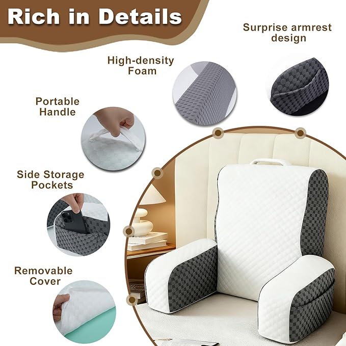 Bed Reading Pillow Back Support with Arms, Removable Pillowcase for Book Working Gaming Resting Watching TV, Gray/20in