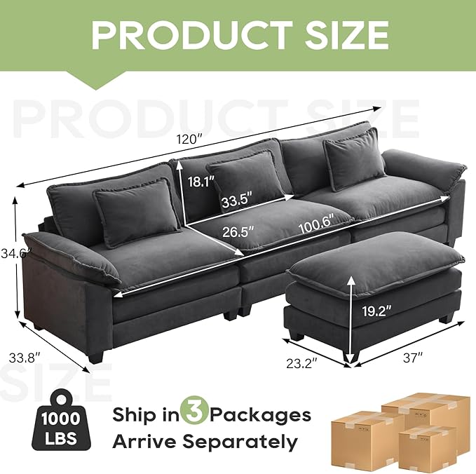 120" Modular Sectional Sofa, Comfy Cloud Couch Sectional Sofa with Ottoman, Velvet Sofa Sleeper Deep Seat Sofa with Throw Pillows for Living Room (Blue Gray, 120"- L Shape)