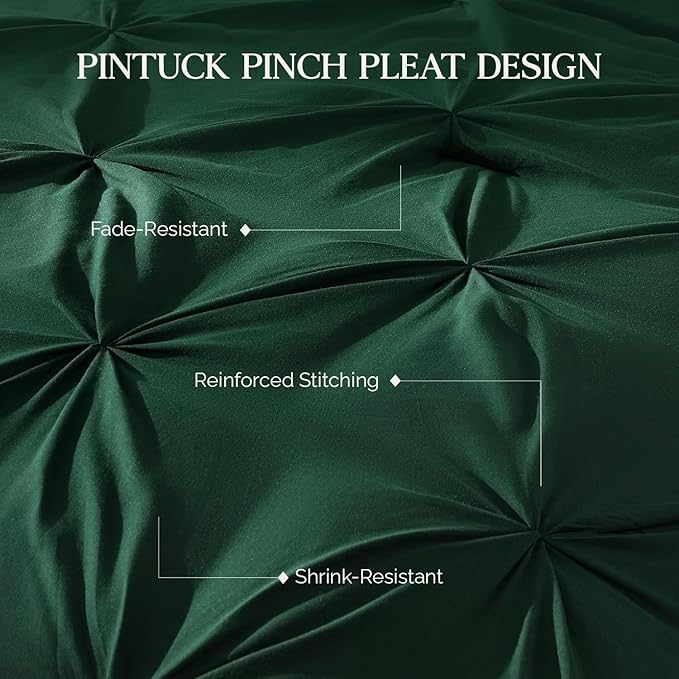 Andency Dark Green Pinch Pleat Comforter Twin(66x90Inch), 2 Pieces(1 Pintuck Comforter, 1 Pillowcase) Microfiber Pintuck Comforter Set Down Alternative Comforter Bedding Set