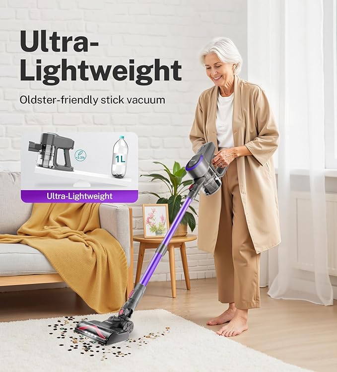 DEVOAC N300 Cordless Vacuum Cleaner, 6 in 1 Lightweight Stick Vacuum, 2200mAh Battery Up to 40mins Runtime, Powerful Handheld Vacuum for Hard Floor Rug Pet Hair Home Dorm (Purple)