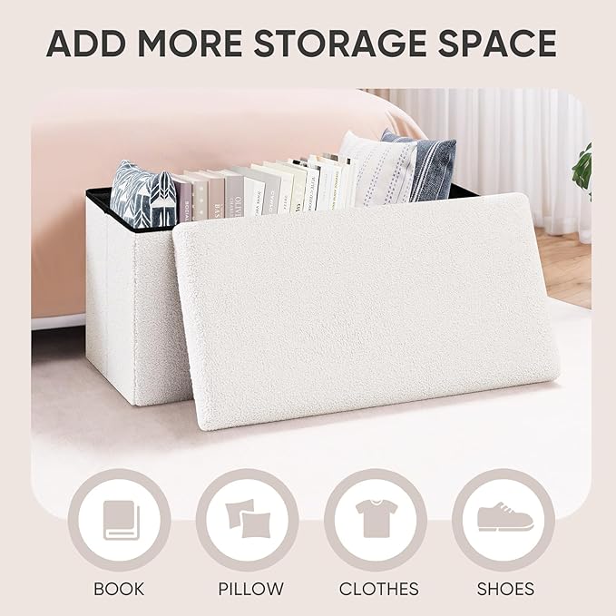 PINPLUS Folding Storage Ottoman Bench, Sherpa Ottoman with Storage, Large Long Shoes Bench Chest with Lid, Footrest for Living Room, Entryway, White 30'' x 15'' x 15''