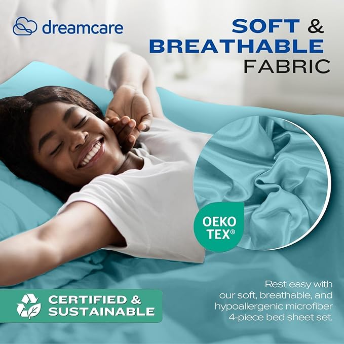 DREAMCARE Full Size Sheets Set - 4 Pcs Cooling Bed Sheets with Up to 15" Deep Pockets - Soft, Long-Lasting 100% Brushed Polyester with Side Pocket (Spa Blue) DREAMCARE