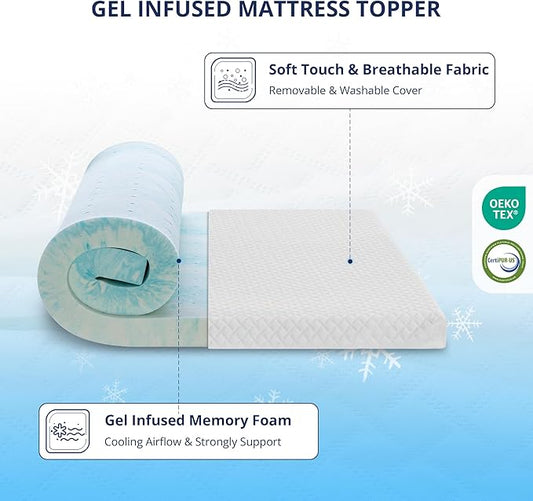 2 Inch Gel Memory Foam Mattress Topper Full Size, Cooling Bed Topper for Pressure Relief with Removable Breathable Soft Cover, CertiPUR-US Certified