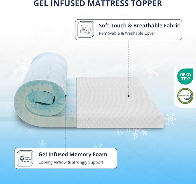 3 Inch Gel Memory Foam Mattress Topper Queen Size, Cooling Bed Topper for Pressure Relief with Removable Breathable Soft Cover, CertiPUR-US Certified