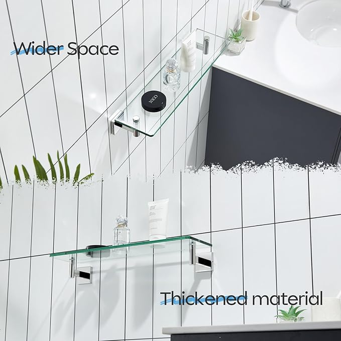 KOKOSIRI Bathroom Shelves Wall Mounted Floating Glass Shelf Polished Stainless Steel 20-Inch Kitchen Hanging Rack for Storage/Room Decor B1105CH-L20