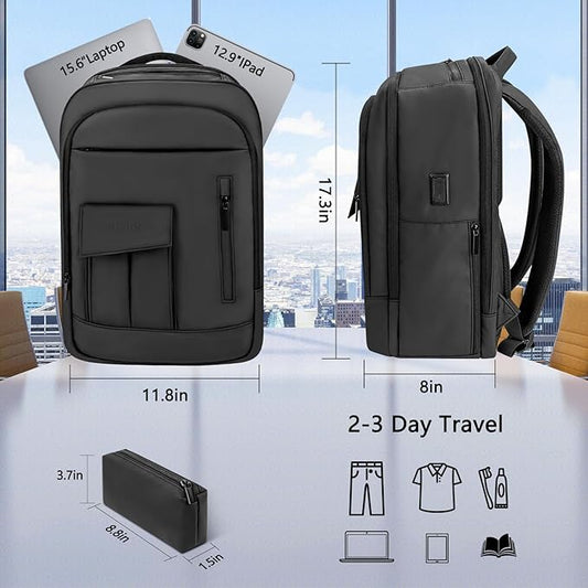 Backpack for Men Business Travel Laptop Backpack with USB Charger Lightweight Anti-Theft Water-Resistant Fits 15.6 Inch Laptop for Commute Travel Daily Work College with Small Bag-Black