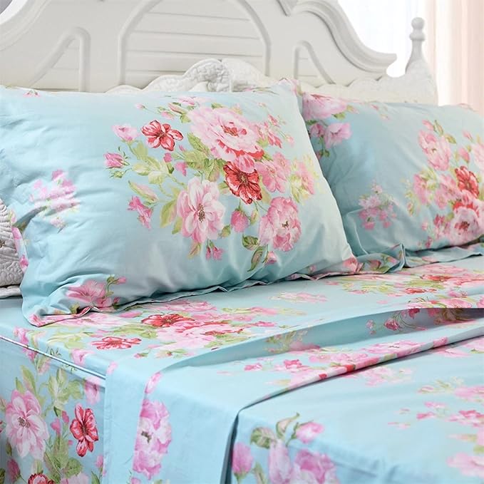 FADFAY Floral Twin XL Sheets 100% Combed Cotton Sheet Sets Pink Flowers Deep Pocket Fitted Sheets Girls Bedding Sets for All-Season (4Pcs, 1 Fitted Sheet, 1 Flat Sheet, 2 Pillowcases)