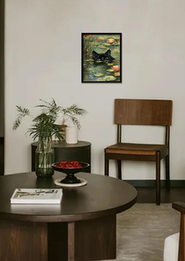 Monet Prints Vintage Cat Wall Art Print Cat In Water Lilies Posters Retro Canvas Art Wall Decor Picture For Bedroom Dorm Bathroom Wall Decor Aesthetic Home Artwork 12" × 16" With Framed