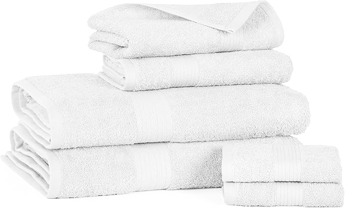 Ample Decor Bathroom Towel Set of 6-2 Hand Towel, 2 Bath Towel, 2 Wash Cloths - 600 GSM 100% Cotton - White